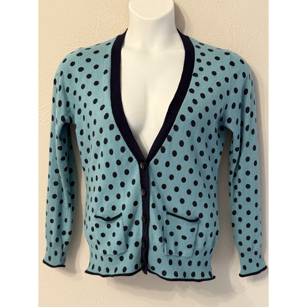 Boden US 10 polka dot cardigan sweater blue whimsical teacher office fun